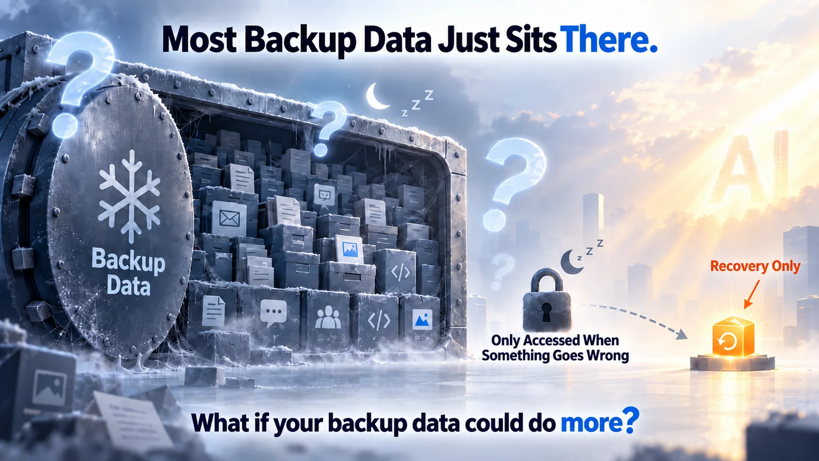 A large stack of backed-up data — documents, emails, chats, images, code — sits frozen in cold storage, dormant most of the time. It's only opened up when something breaks, and otherwise almost never touched.