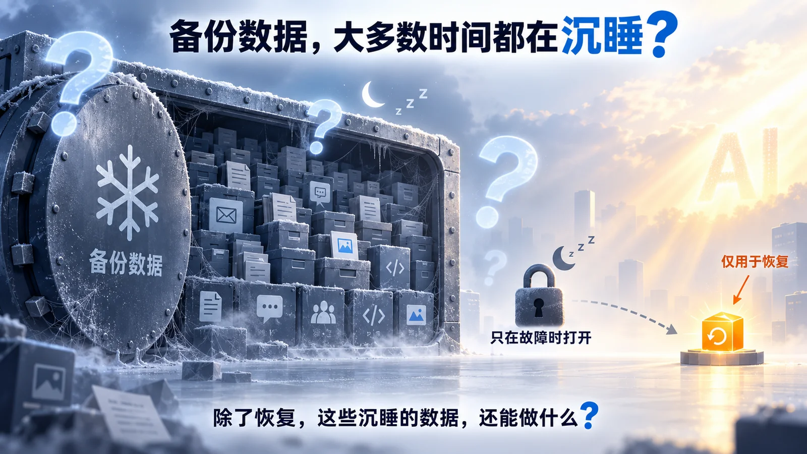 大量备份数据——文档、邮件、聊天、图片、代码——被冻结存放在保险柜般的存储中,长期沉睡,只有在故障发生时才会被打开用于恢复,除此之外几乎从未被使用