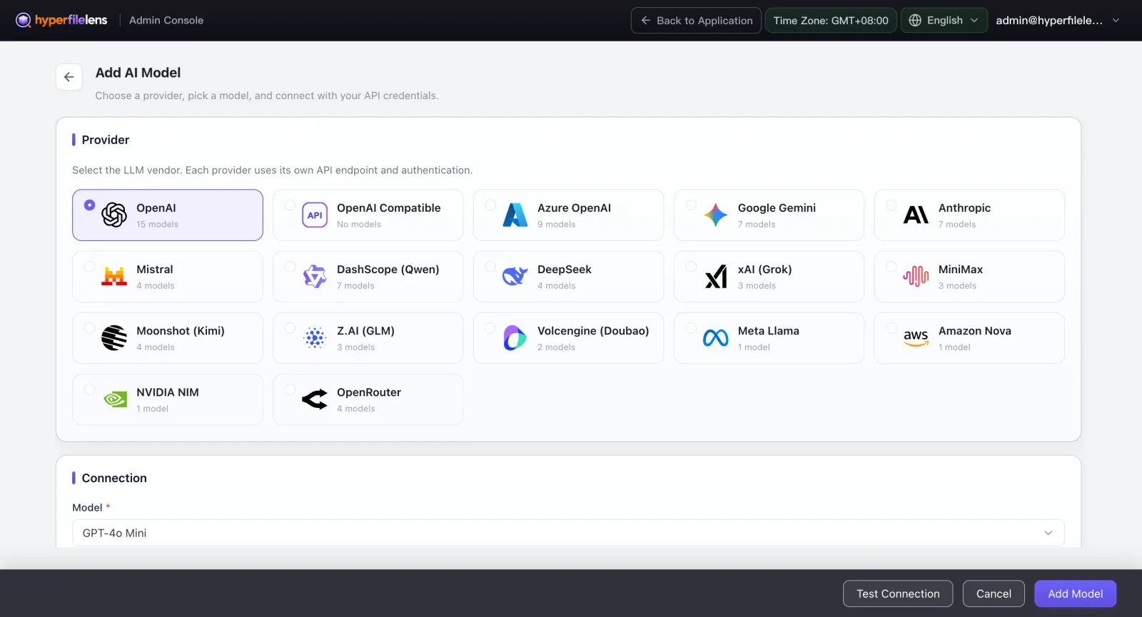 The Add AI Model provider list, with OpenAI, DeepSeek, DashScope (Qwen), Anthropic and other major providers all available
