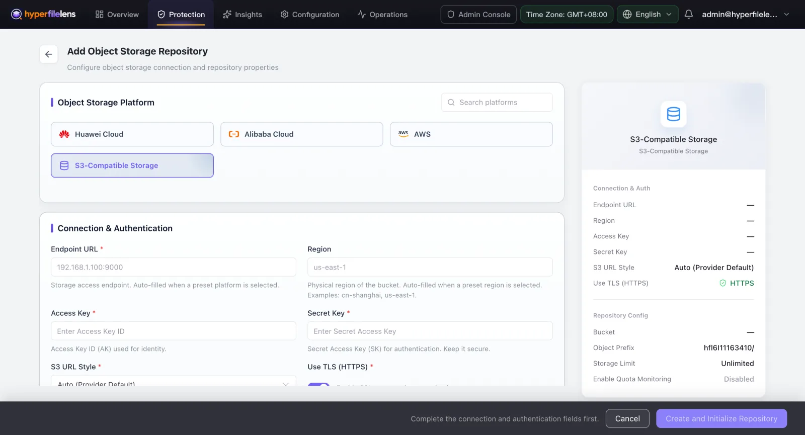The Add Object Storage Repository form, showing Huawei Cloud, Alibaba Cloud, AWS, and S3-Compatible Storage as preset platforms, plus endpoint, region, access key, and secret key fields
