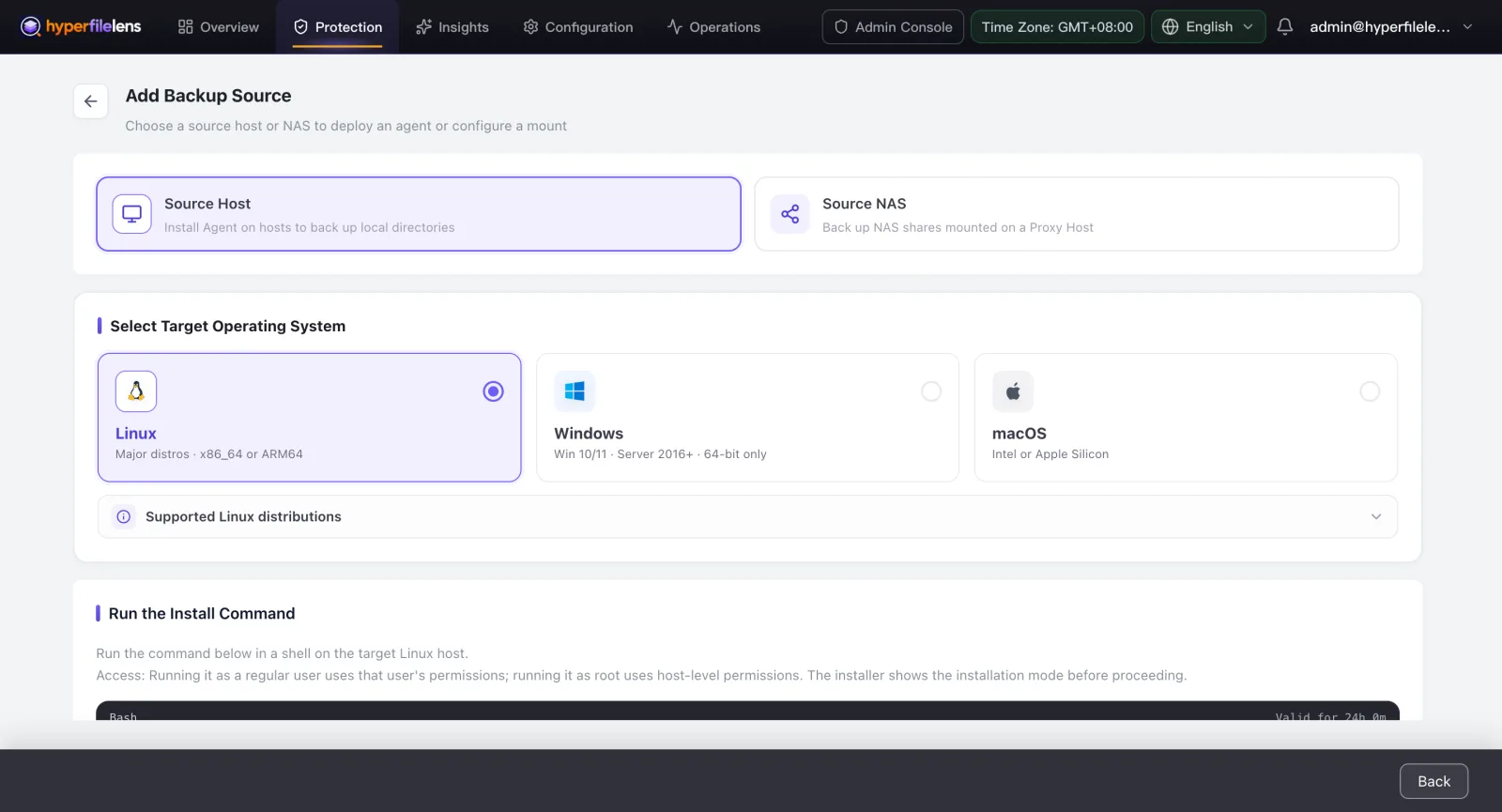 The Add Backup Source page, with Source Host selected and Linux chosen as the target operating system