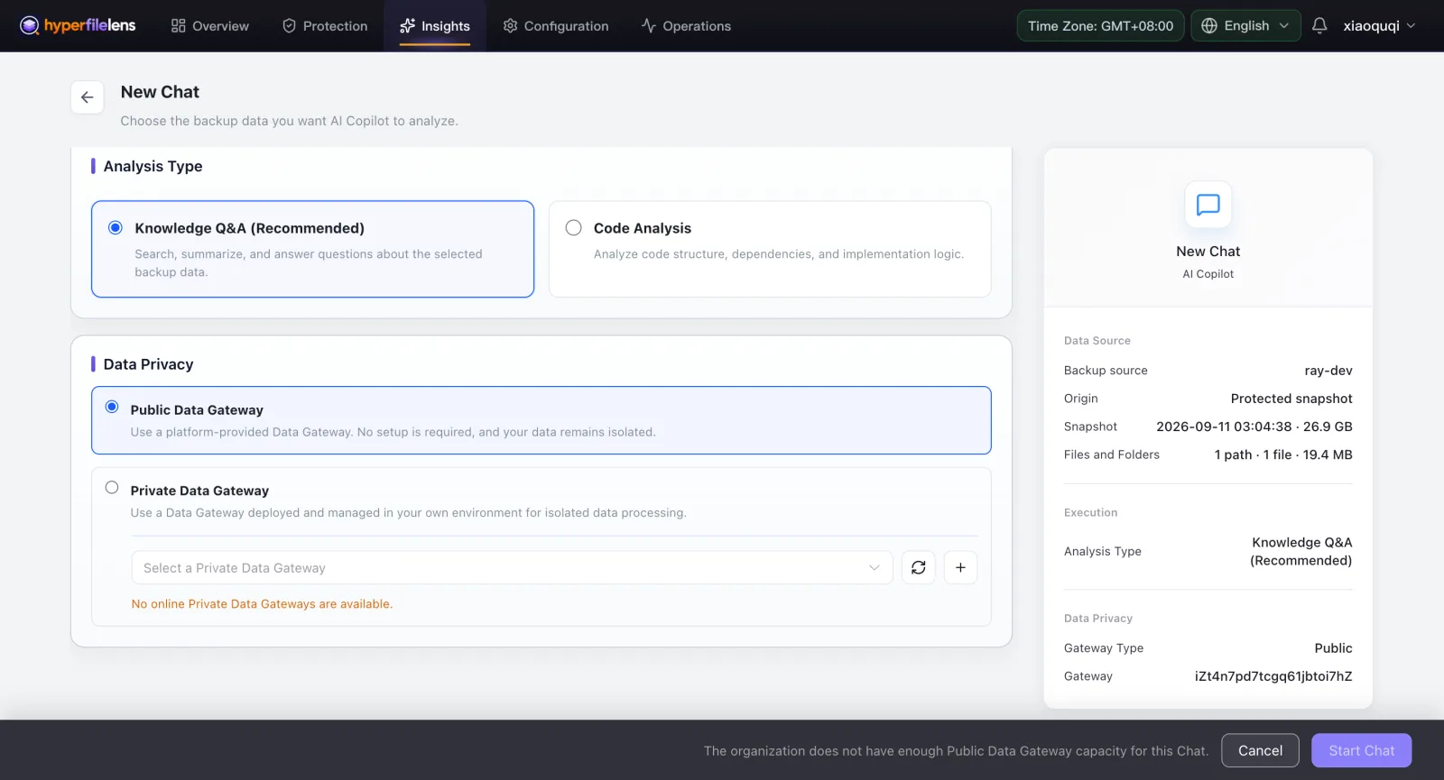 AI Copilot's New Chat setup, with analysis type set to Knowledge Q&A (Recommended) and data privacy set to Public Data Gateway, next to a summary panel showing the chosen backup source and snapshot