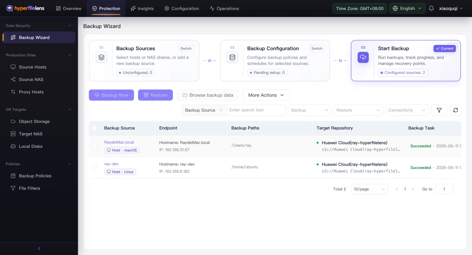 Step 3 of the Backup Wizard, showing two hosts' backup tasks both with a Succeeded status