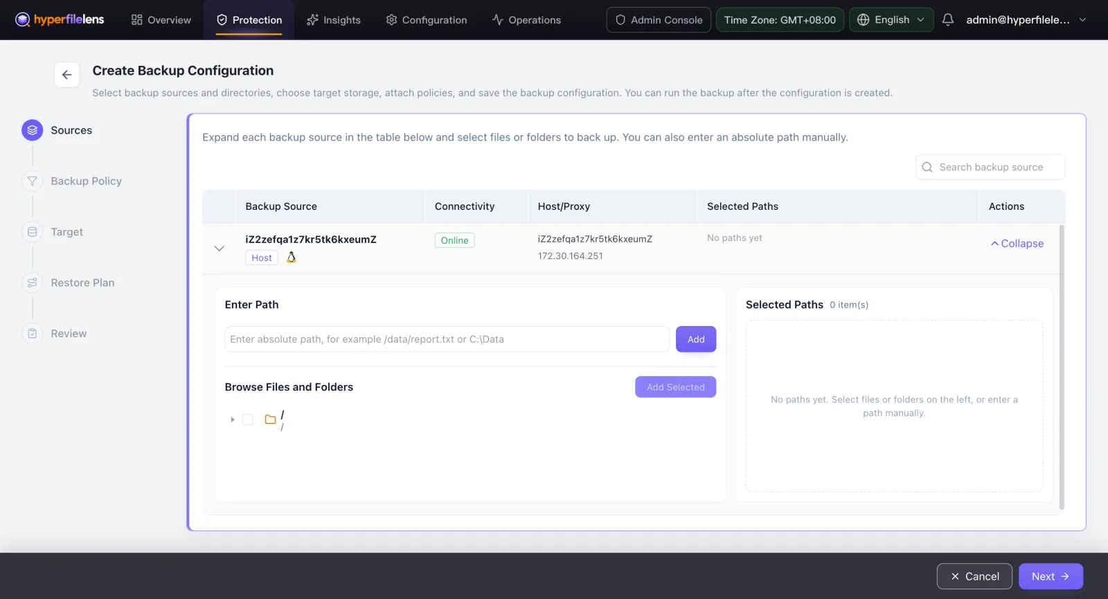 The Create Backup Configuration wizard, with Sources, Backup Policy, Target, Restore Plan, and Review steps on the left, and a host directory tree with path selection on the right