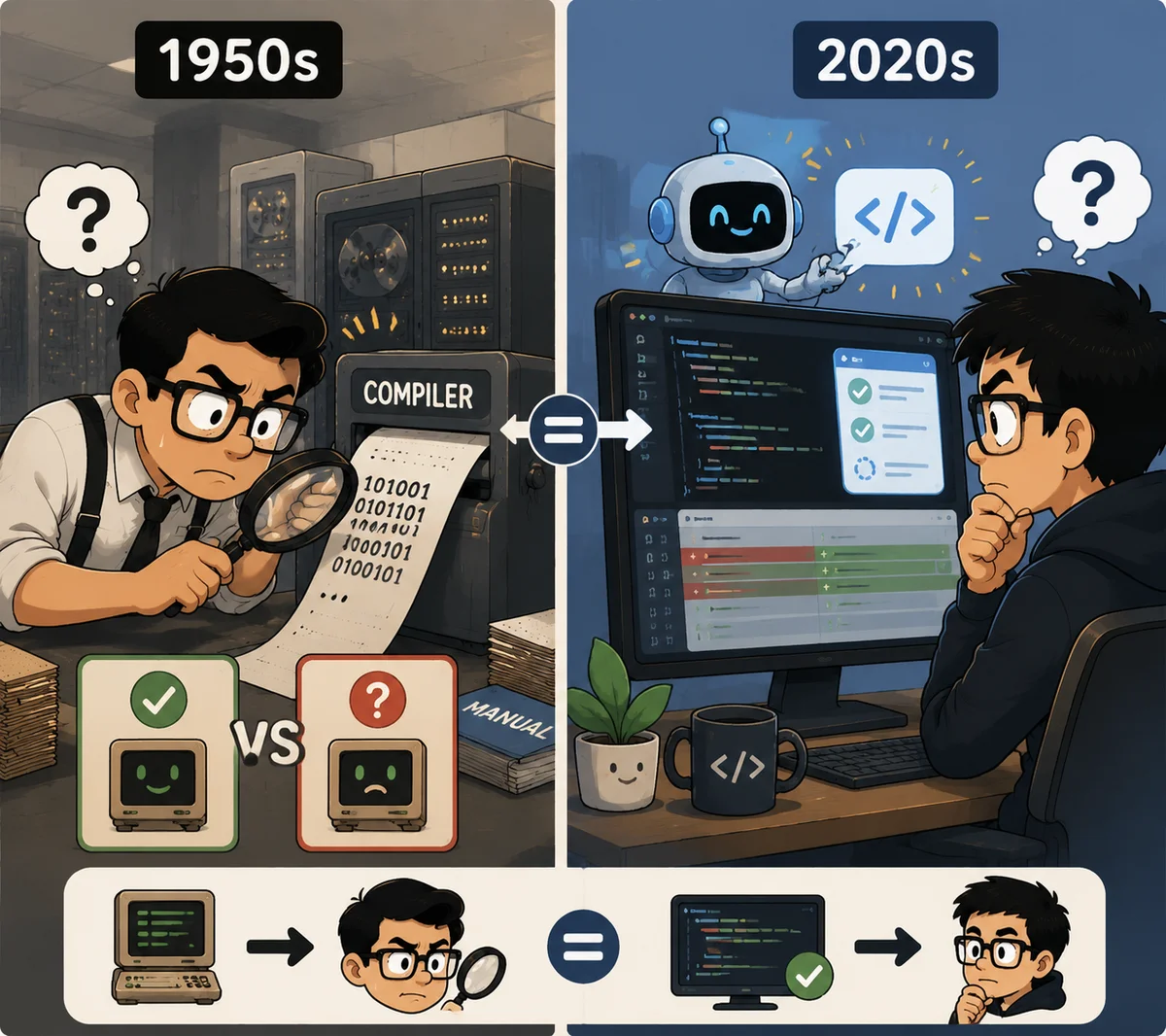 1950s 程序员用放大镜检查 Compiler 输出的纸带,✓ 与 ✗ 对比;2020s 程序员看着 AI 生成的代码打问号——两个时代同一个问题:机器写的靠谱吗