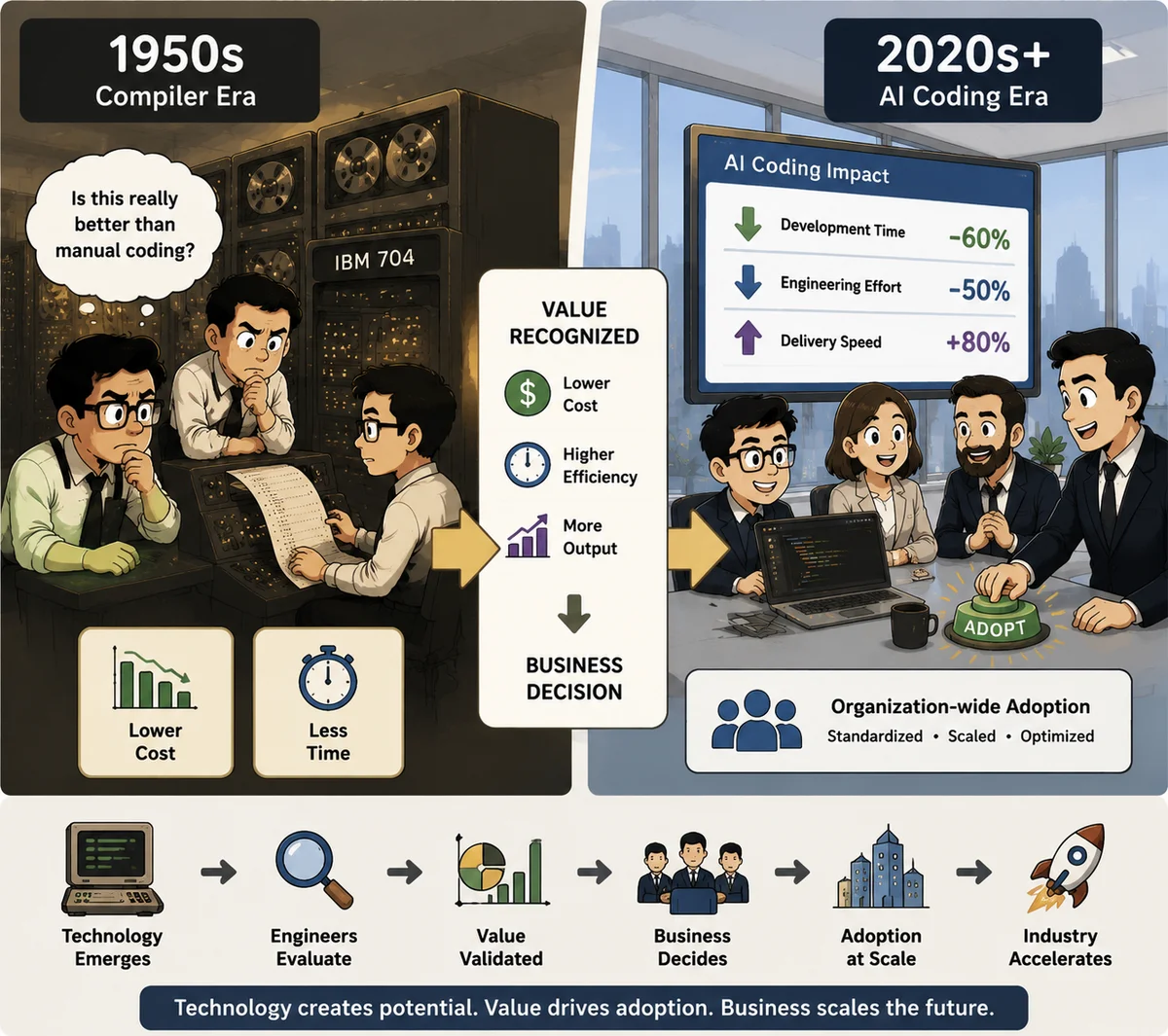 Technology emerges, engineers evaluate, value gets validated, business decides, adoption scales, industry accelerates: 1950s programmers doubting whether the compiler really beats manual coding, then adopting it once cost and efficiency gains were proven; 2020s team looking at AI coding data — development time -60%, engineering effort -50%, delivery speed +80% — and adopting it organization-wide