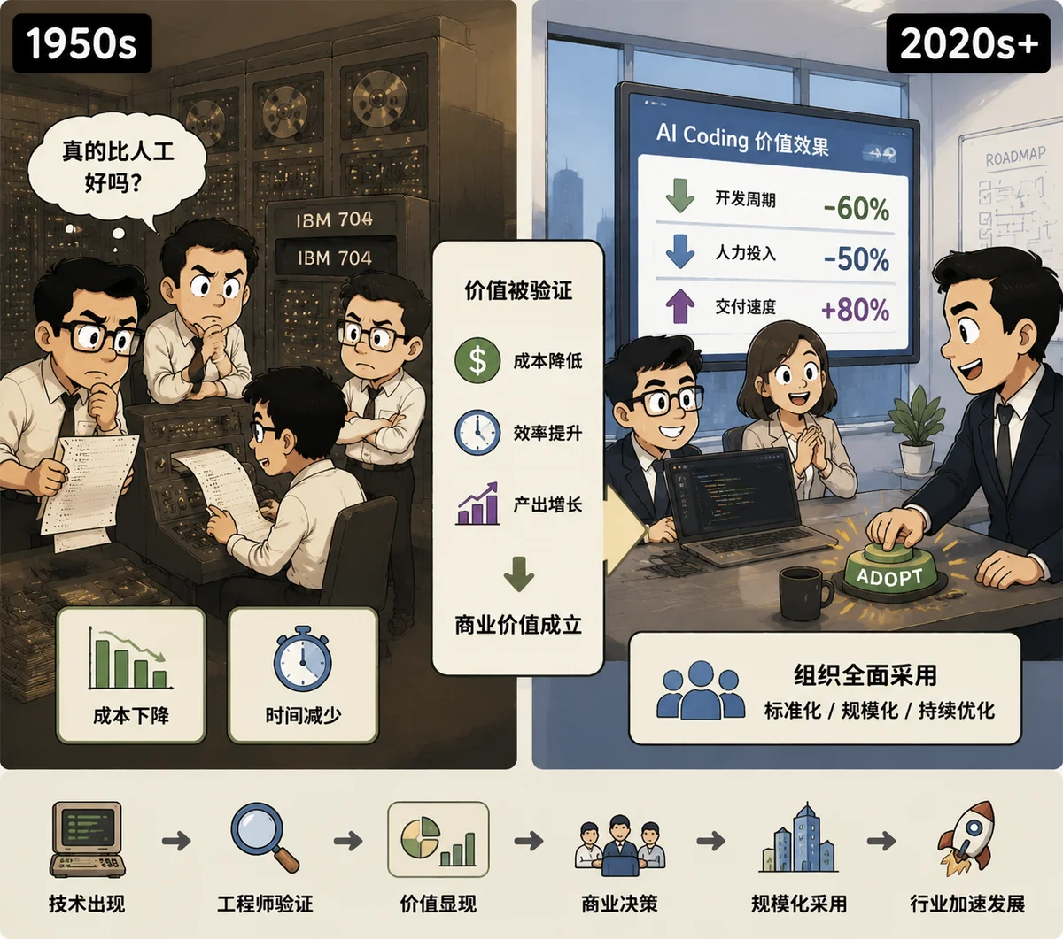 技术出现→工程师验证→价值显现→商业决策→规模化采用→行业加速发展:1950s程序员怀疑Compiler是否真的比人工好,验证后成本下降、效率提升,推动商业决策;2020s团队看着AI Coding的开发周期-60%、人力投入-50%、交付速度+80%数据,全面采用
