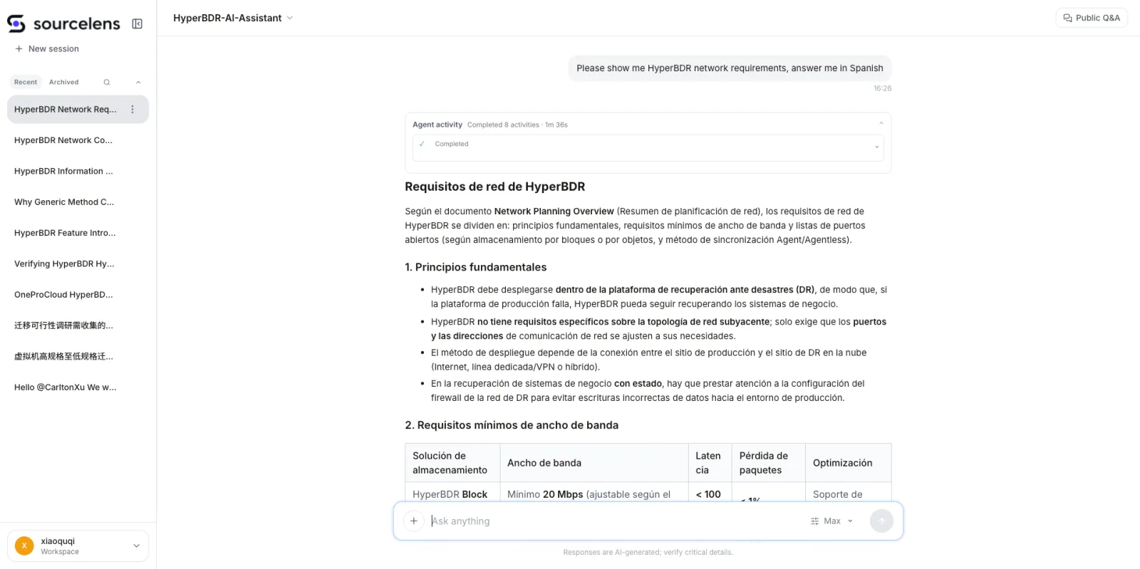 SourceLens chat interface: the same question is asked in English with an explicit instruction to answer in Spanish, and the agent activity panel shows the answer switching automatically to a structured Spanish response