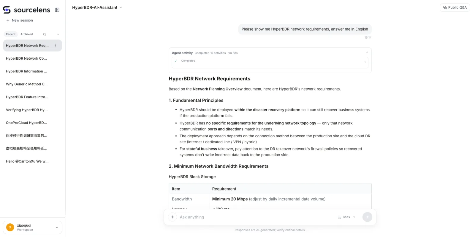 SourceLens chat interface: the user asks in English for HyperBDR's network requirements, the agent activity panel shows 15 completed activities, and the answer is a structured breakdown of fundamental principles and minimum bandwidth requirements