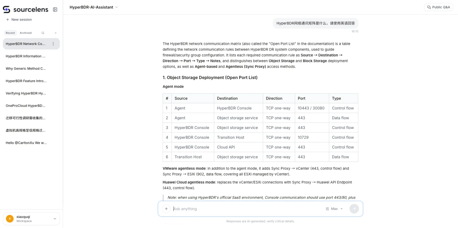SourceLens 对话界面：用中文提问同一个问题并要求用英语回答，Agent activity 面板显示已完成活动，回答自动切换成英文的结构化表格