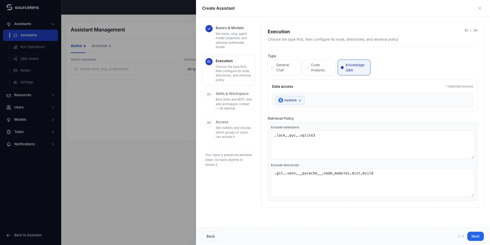 New assistant wizard step two, execution configuration: type selection between general chat, code analysis, and knowledge Q&A, data access linked to the specified data source, and retrieval strategy setting excluded extensions and directories