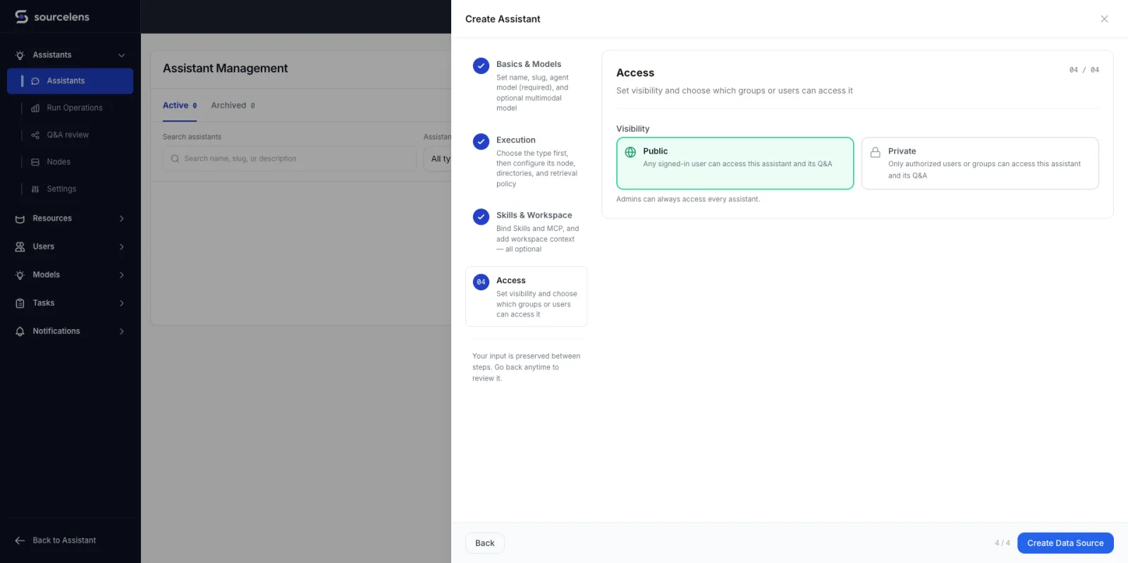New assistant wizard step four, authorization: visibility choice between public (all logged-in users can access this assistant and its answers) and private (only authorized users or groups can access it)