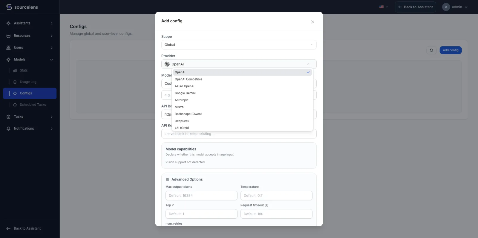 SourceLens model configuration dialog, with a provider dropdown listing OpenAI, OpenAI Compatible, Azure OpenAI, Google Gemini, Anthropic, Mistral, Dashscope (Qwen), DeepSeek, xAI (Grok), and fields below for API base, API key, and advanced options