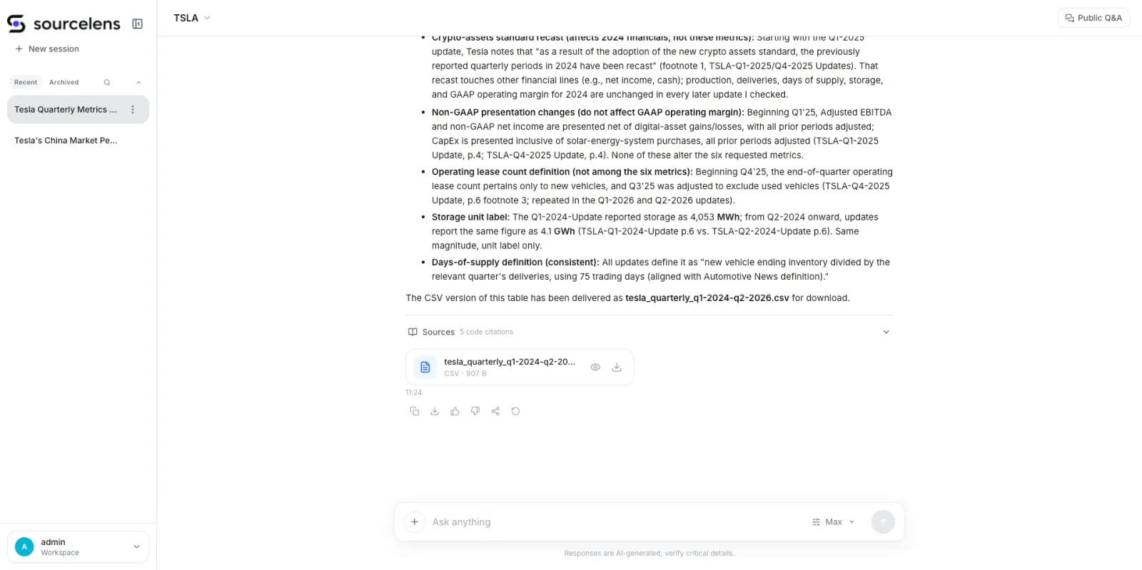 SourceLens answer continuing with a bulleted list of restatements and definition changes across Tesla's shareholder updates: a crypto-assets accounting standard recast, non-GAAP presentation changes that don't affect GAAP operating margin, an operating lease count definition change unrelated to the six requested metrics, and a storage unit relabeling from MWh to GWh with no change in magnitude